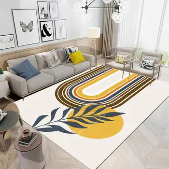 Boho Mid Century Style Area Rug Modern Plant Leaves Carpet Non Slip Abstract Art Floor Mat for Living Room Bathroom Office Decor