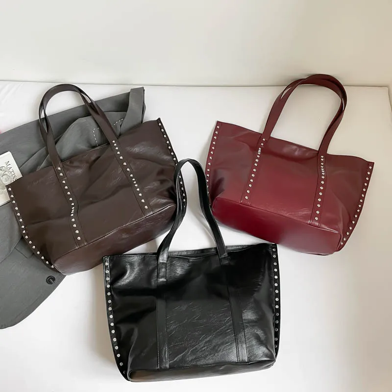 Women Girls PU Leather Studded Underarm Shoulder Bag Rivet Handheld Tote Bag for School Work Daily Use