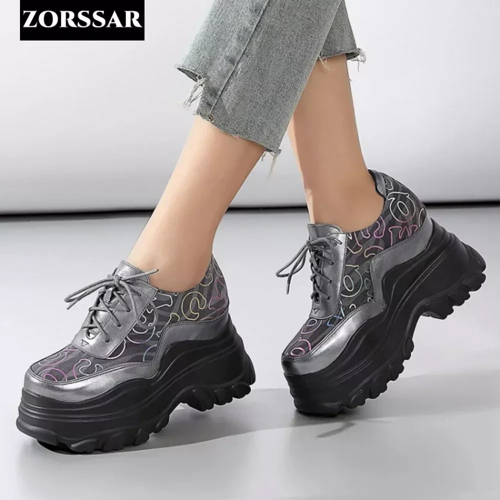 

10cm Genuine Leather Platform Sports Shoes Chunky Sneakers White Silver Casual Shoes Comfortable Breathable Spring Autumn Shoes