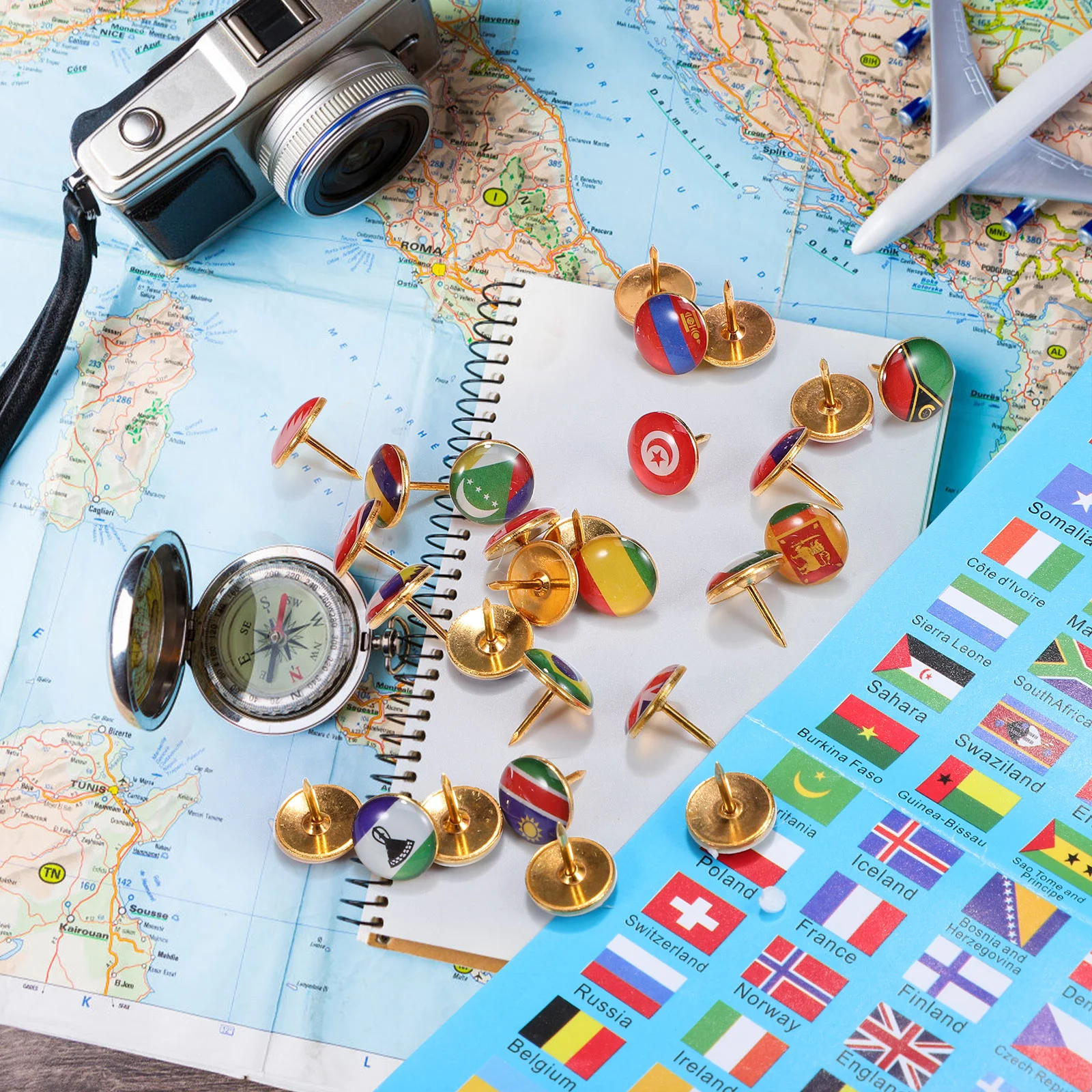 Push Pins 200 Pcs National Flag Metal Thumb Tacks Drawing Pin Message Board Office Binding Supplies Map