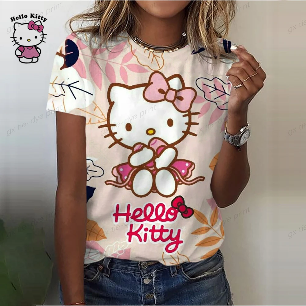 Camiseta de Hello Kitty para mujer, ropa de manga corta, holgada