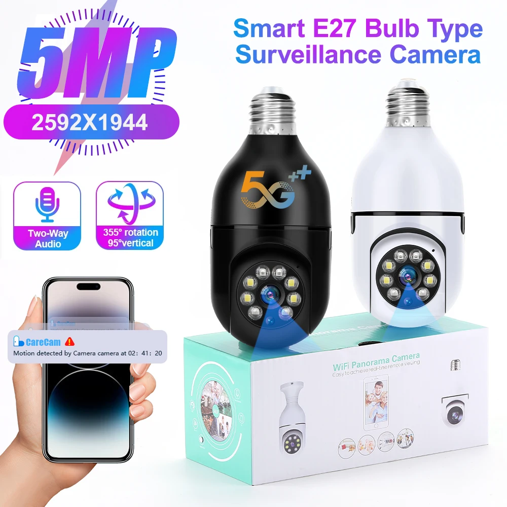 5G Wifi E27 Bulb Surveillance Camera Night Full Color Automatic Human Tracking 4X Digital Zoom Video Security Monitor Cam dual lens wifi e27 bulb camera 2k surveillance full color automatic human tracking 5x digital zoom video security monitor cam