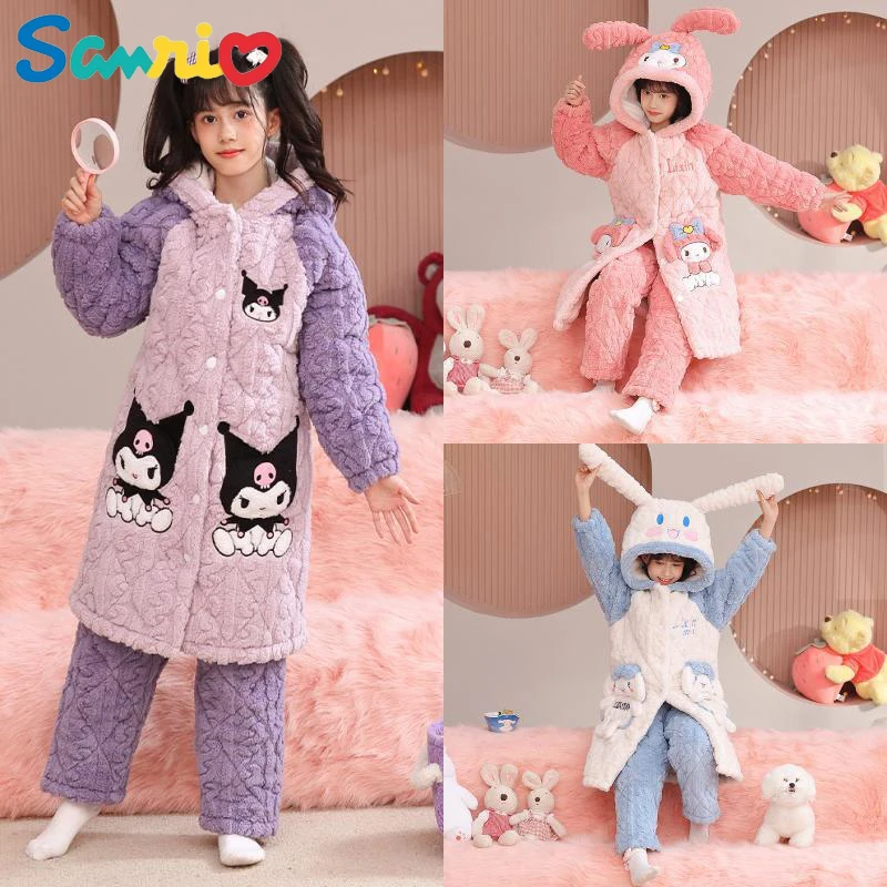 

Anime Sanrios My Melody Cinnamoroll Kuromi Girls Pajamas Three-Layer Quilted Coral Velvet Mid-Length Thickened Kids Home Clothes