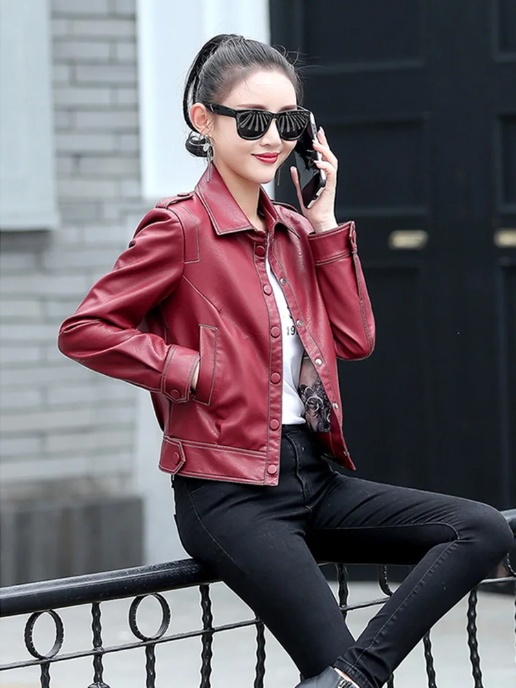 New Women Small Leather Jacket Casual Fashion Moto & Biker Style Shirt Collar Sheepskin Short Coat Split Leather Slim Outerwear