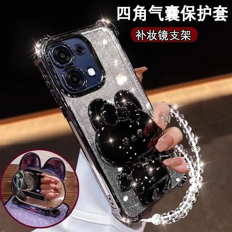 Rabbit Makeup Mirror Holder Gradient Glitter Strap Back Cover