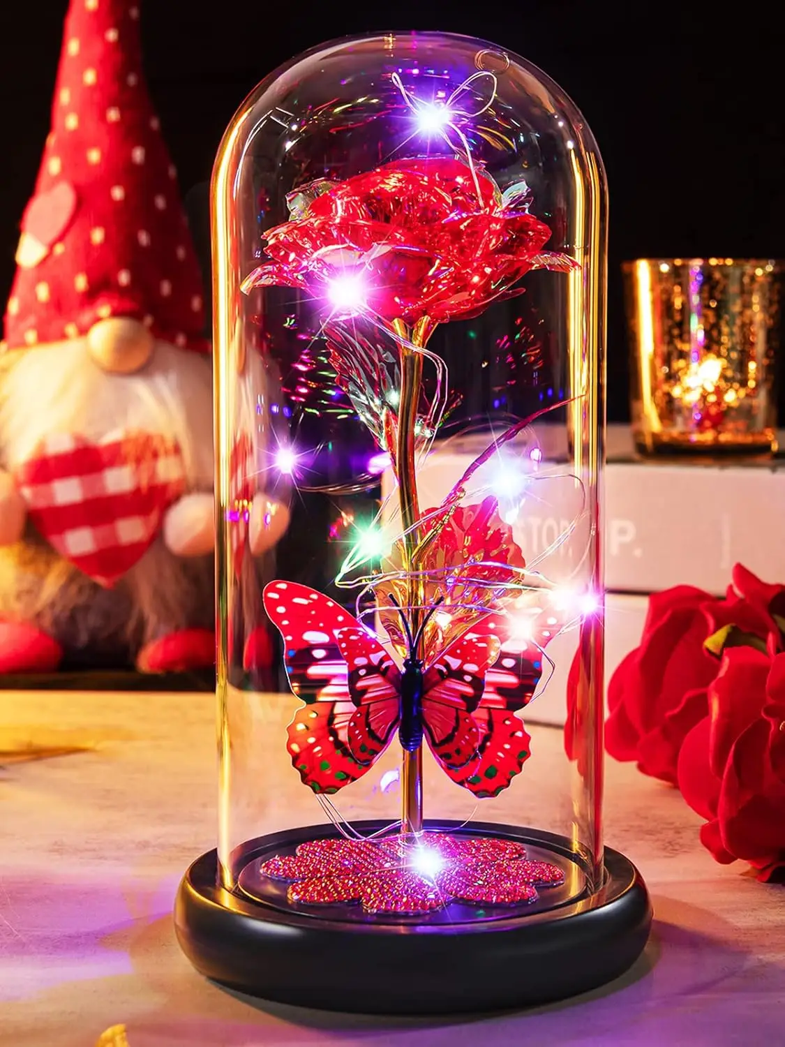 Enchanted Galaxy Glass Rose with Illuminated Crystal Flower and Butterfly Moth in Glass Dome