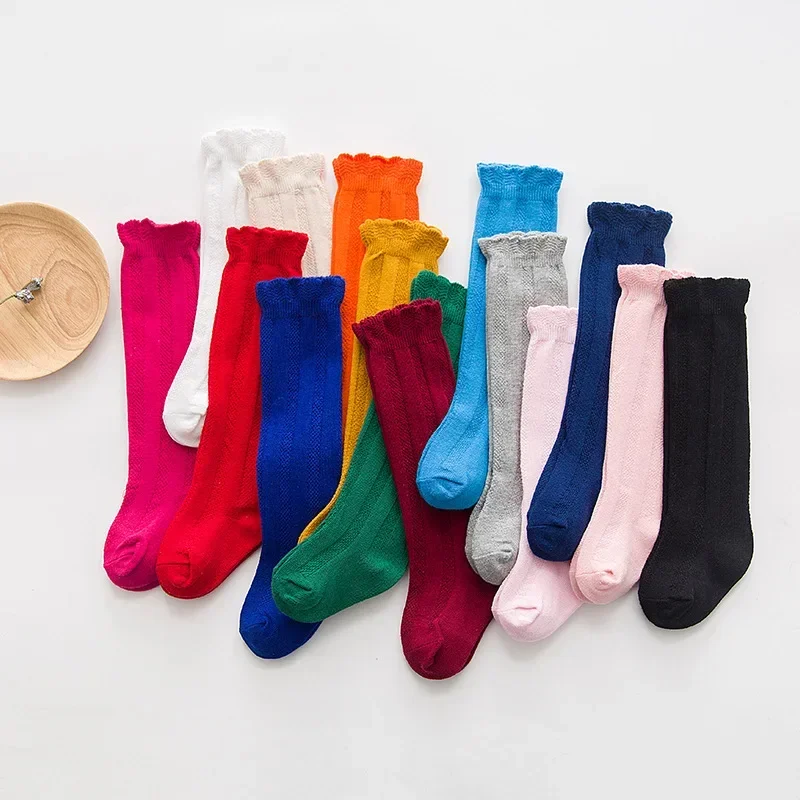 Autumn Baby Girls Ruffle Cotton Warm Socks Children Simple Frilly Knee High Long Stockings Kids Colorful Dancing School Socks