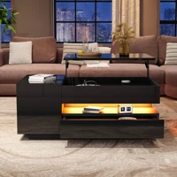 Table basse noire 95x50x40 cm avec plateau relevable, 1 tiroir, 1 armoire et éclairage LED – Table à thé brillante avec rangement dissimulé et semi-ouvert – Gain de place pour le salon – MDF robuste, montage facile – Moderne et fonctionnelle 3