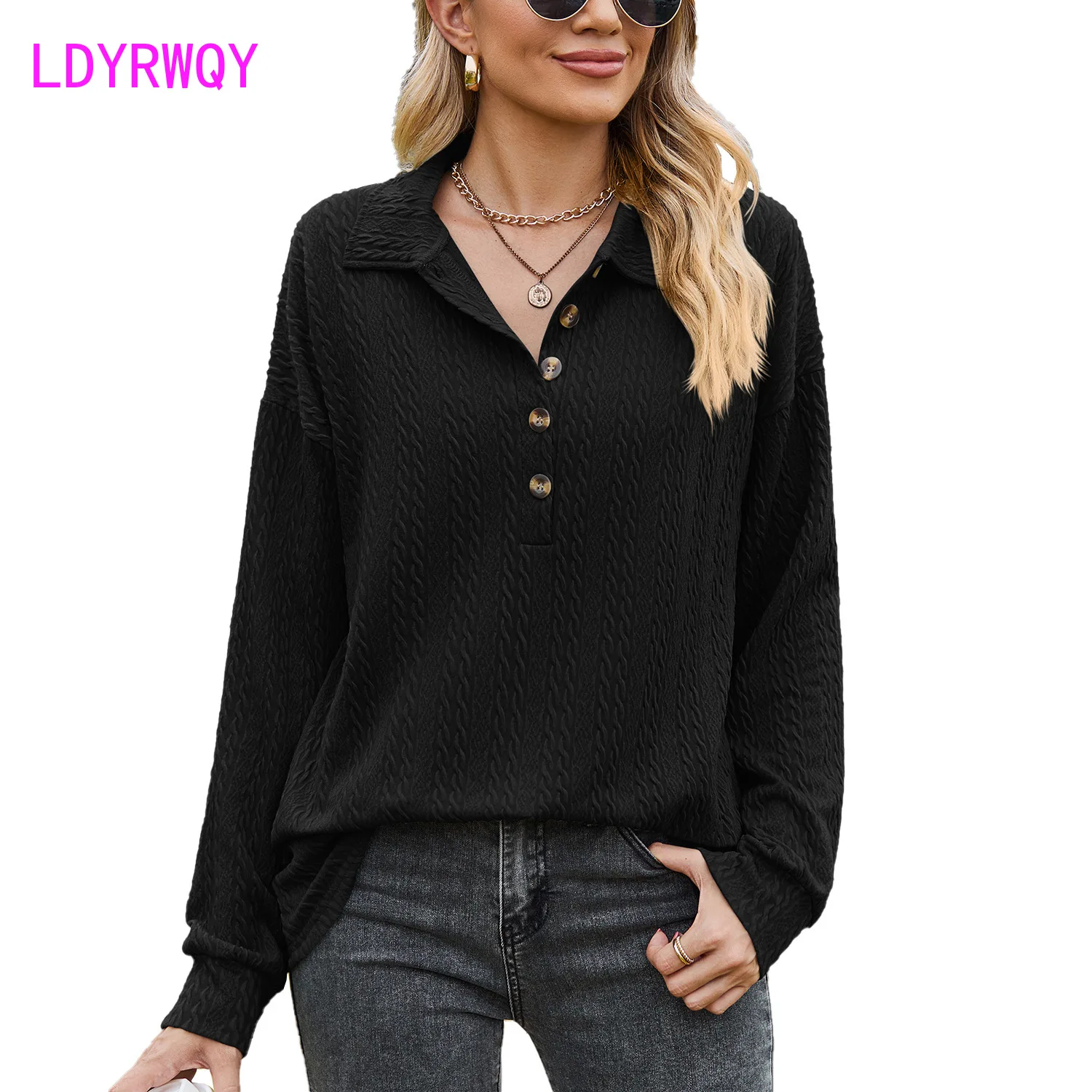 Autumn and Winter New Solid Polo Button Loose Long Sleeve Sweater Coat for Women