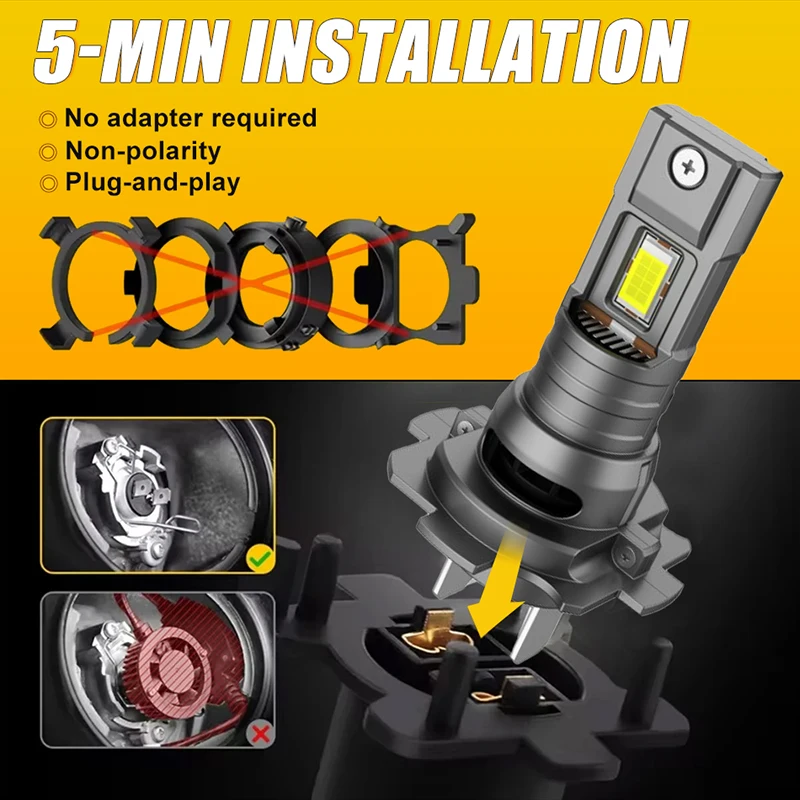 2Pcs Turbo H7 LED Headlight Bulbs 1:1 Size Mini Head Lamp 3580 CSP Wireless H4 9005 9006 Car 6000K White 12V Led Car Lights Led Lights Led Bulbs Led Headlights Led Car Headlights Car Headlamps