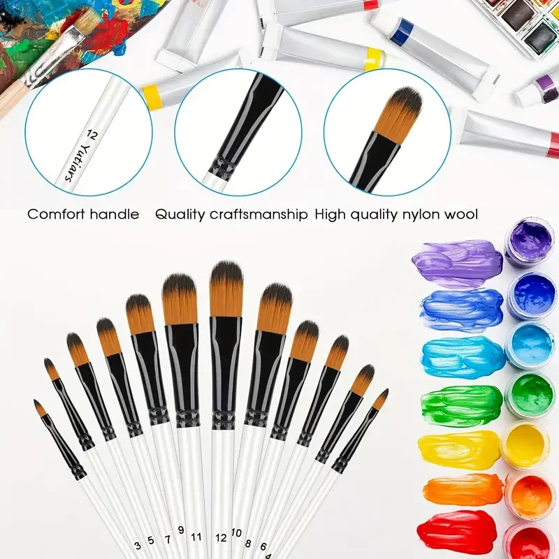 12pcs Filbert Artist Brushes with Nylon Tips - Wood Handle Professional Paintbrush Set for Acrylic, Watercolor, Gouache Painting 3