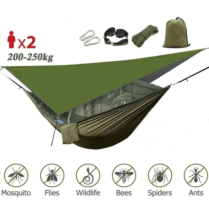 Mosquito Net Camping Hammock Camping Accessories Camping Hammock with Mosquito Net&Rainfly Tent Tarp & Tree Straps Portable Nylon Hammock Tent for Camping Hiking Backyard Travel