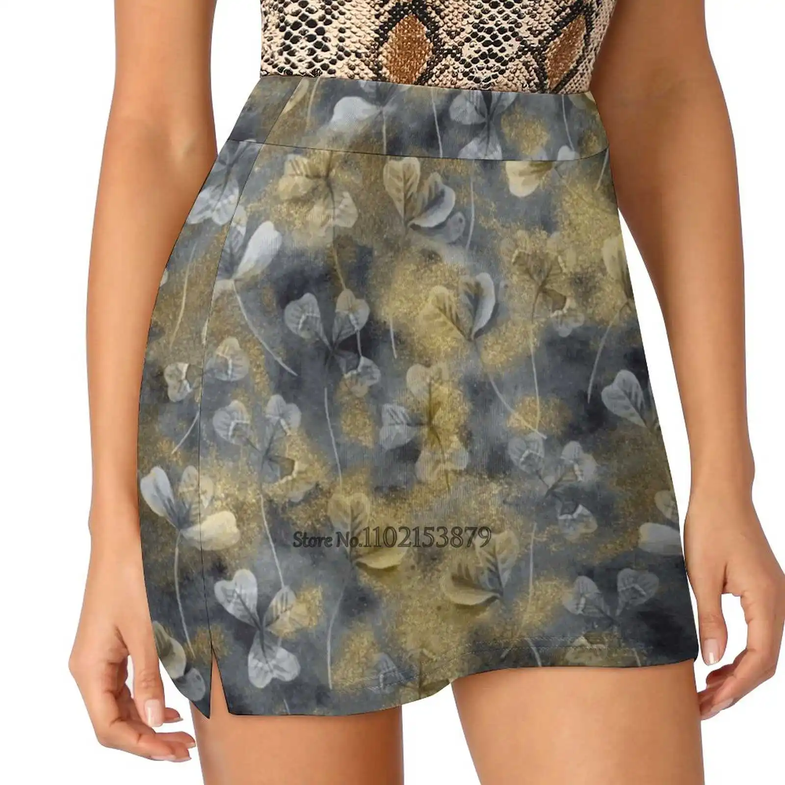 

Golden Luxury Clover Leaves. Women'S Fashion Sporting Skirt With Pockets Tennis Golf Running Skirts Clover Trefoil Leaves