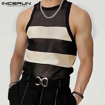 Men's Tank Tops Striped Mesh See Through O-neck Sleeveless Streetwear Sexy Vests Summer 2024 Fashion Men Clothing S-5XL INCERUN