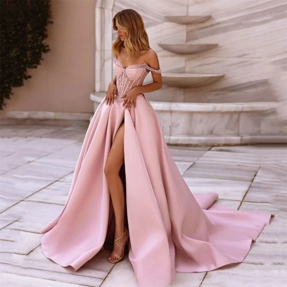A-Line Pink Prom Dress Off The Shoulder Backless Party Gowns
