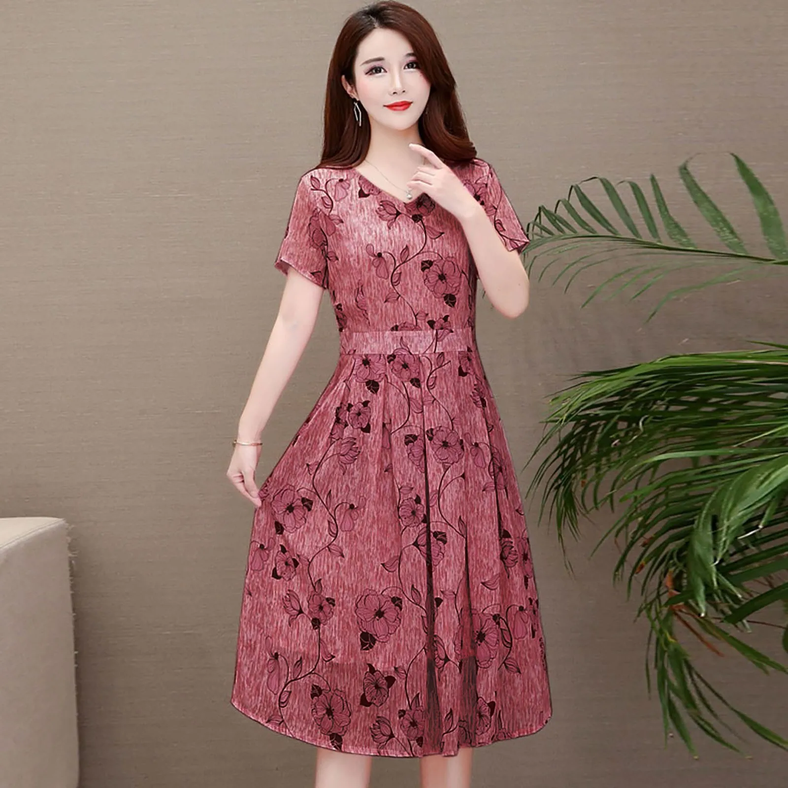 Casual Floral Printed V-Neck Dress Short Sleeve A-Line Swing Dress Elegant Party High Waist Dresses For Women Vestidos Hot Sale