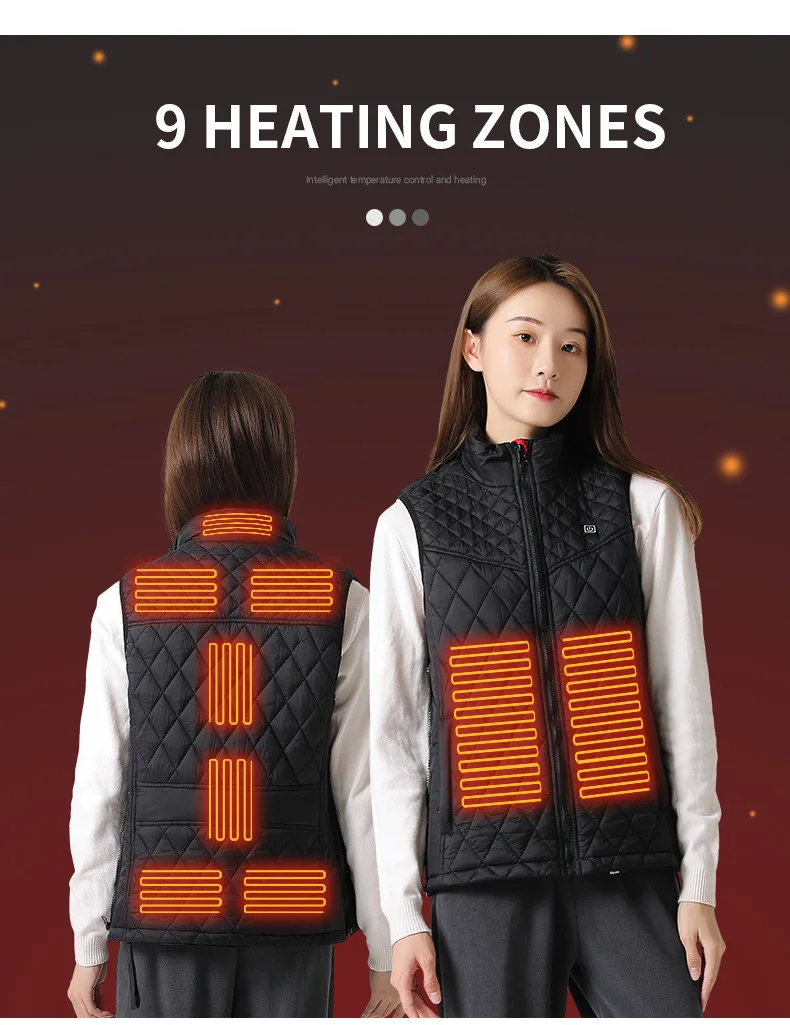 A woman wearing an Electric Heated Vest with 9 heating zones, perfect for cold weather conditions.