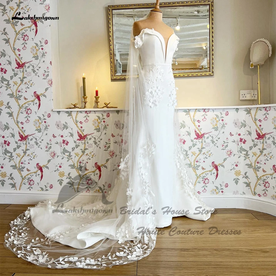 

Lakshmigown Floral Lace Mermaid Wedding Dress For Women 2023 Princess Crepe Bridal Gowns Off Shoulder Vestidos Para Playa