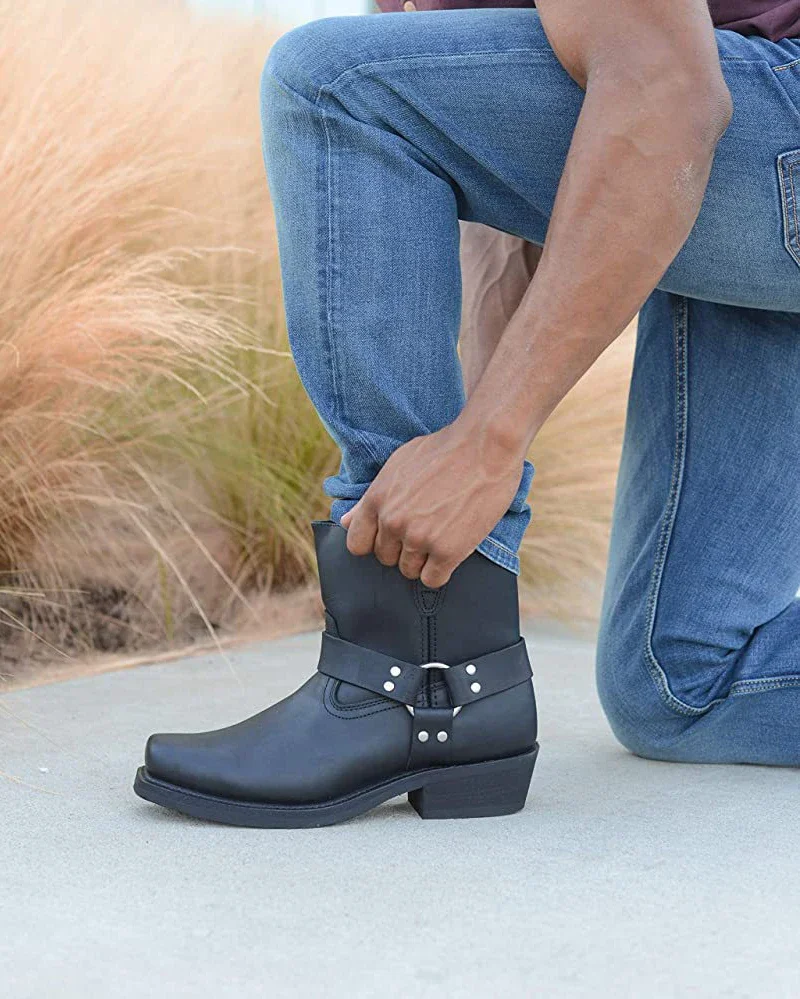 Stivaletti Western Uomo In Pelle Sintetica - Con Fibbia, Punta Quadrata, Per Motociclisti - Foto 11