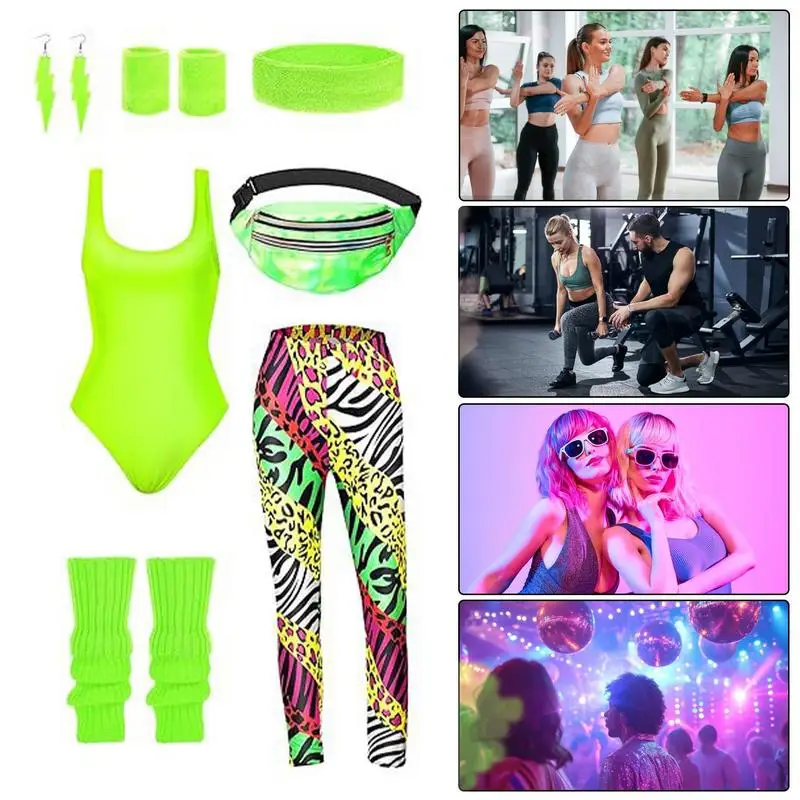 80s Workout Clothing Set 80s Party Costumes For Women Dance Party Leggings Leg Warmers Fanny Pack Earrings Headband Accessories