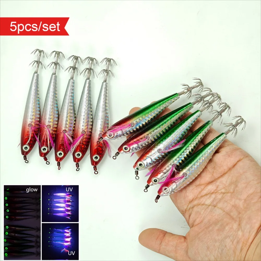 5 Stück UV Horizontal Tintenfisch-Jig 10,5 cm Laser-Holografischer Körper Holz-Garnelen-Leuchtköder Realistischer Egi-Köder Meeres-Oktopus-Angelausrüstung – Detail 1