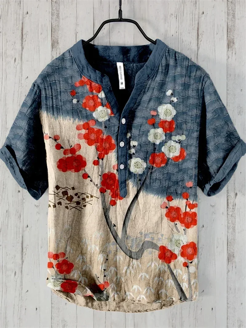 Simple Plum Blossom 3D Printing Art Linen Blended Men's Casual V-neck Shirt