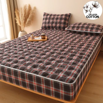 Protecteur de matelas de style écossais haut de gamme - Housse de matelas matelassée respirante - Antimicrobien, sans bruit et hypoallergénique, Plaid rouge 1