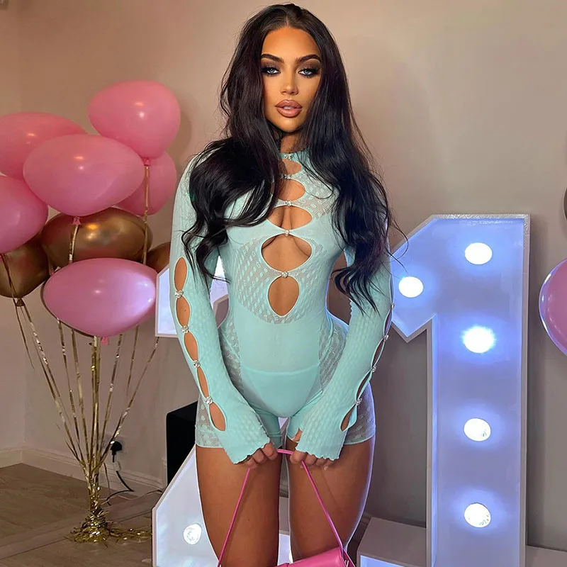 

Sexy Hollow Out Bodycon Jumpsuit Women Shorts Night Club Outfits See Through Polka Dot Long Sleeve Party Playsuit Romper Body