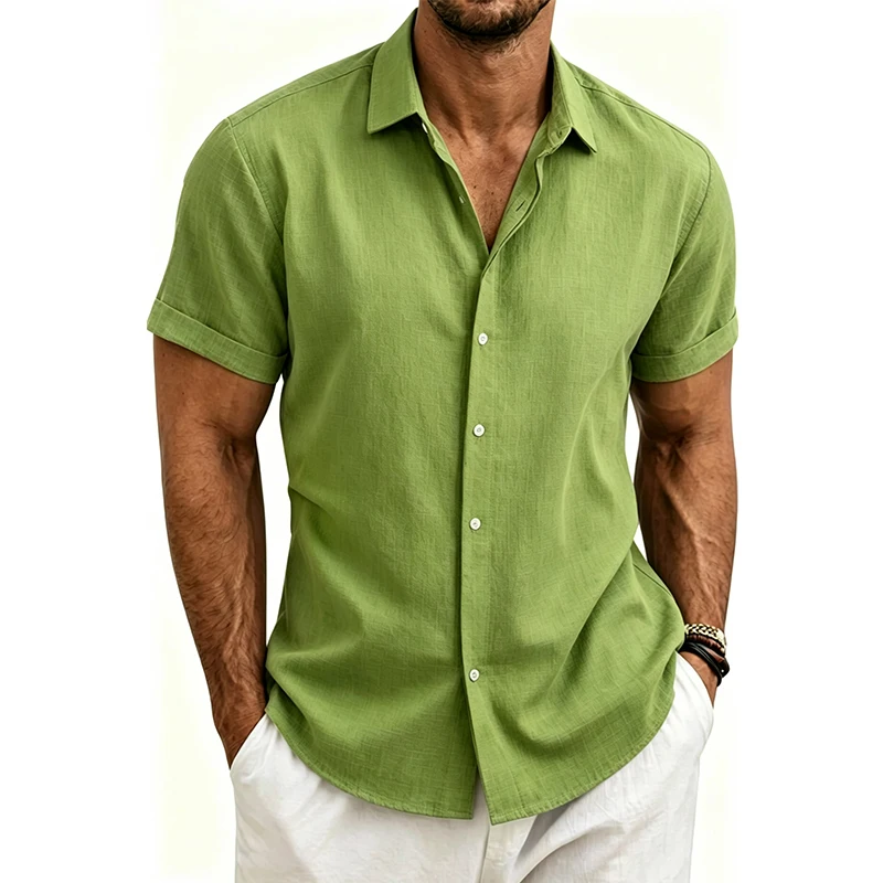 Men's Cotton Linen Shirts Essential Comfortable Casual Lightweight Short Sleeve 5