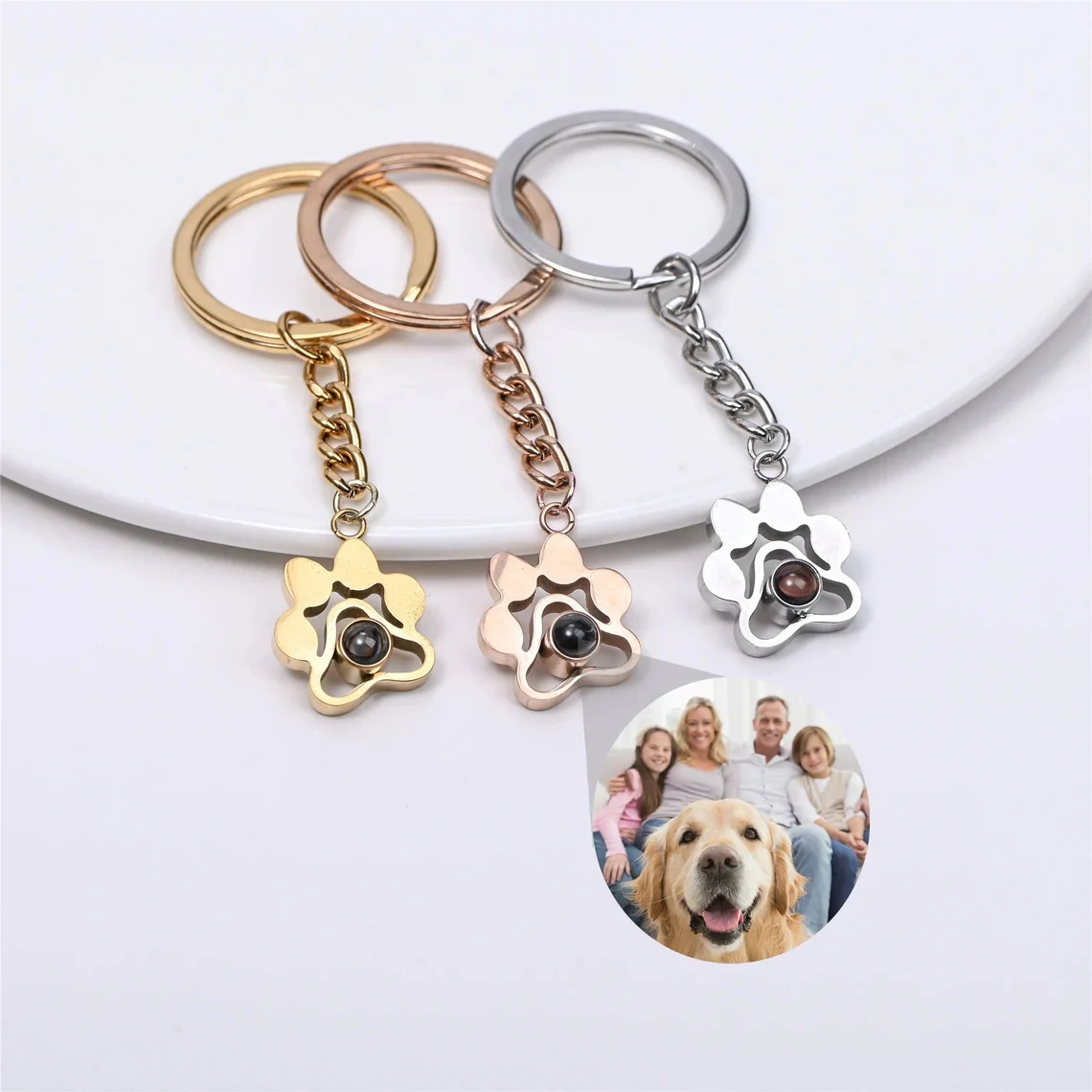 Personalized Customized Photo Projection Keychain Dog Paw Pendant Keychain With Picture Inside Stainless Steel Jewelry Gifts