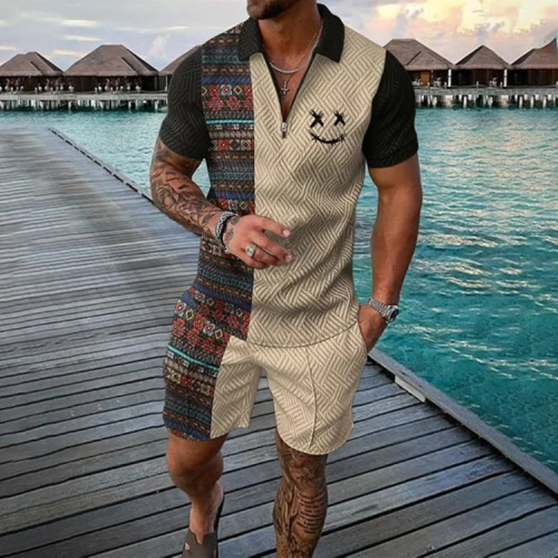 Fashion Summer Men's Tracksuit Short Sleeve Polo Shirt Set Coconut Tree 3D Print Clothing 2 Pieces Casual Suit Streetwear Outfit 5