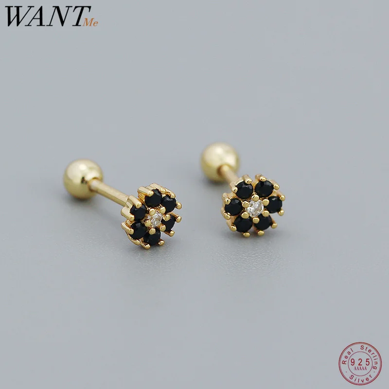 WANTME 925 Sterling Silver Colored Zircon Romantic Flower Beads Ear Bone Piercing Earrings for Women Green Stamens Stud Jewelry