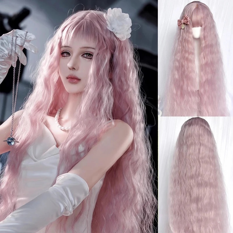Synthetic Cherry Blossom Pink Long Curly Hair Band With