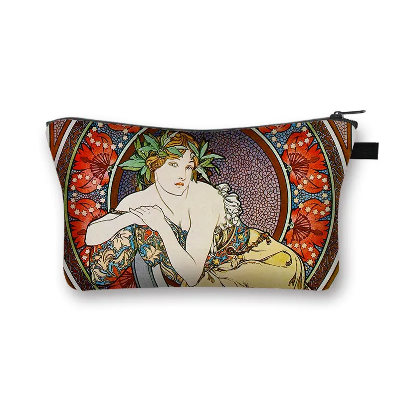 Oil Painting By Alphonse Mucha Print Cosmetic Case Women Makeup Pouch Lipstick Storage Toiletry Bags Ladies Cosmetic Washing Bag 2
