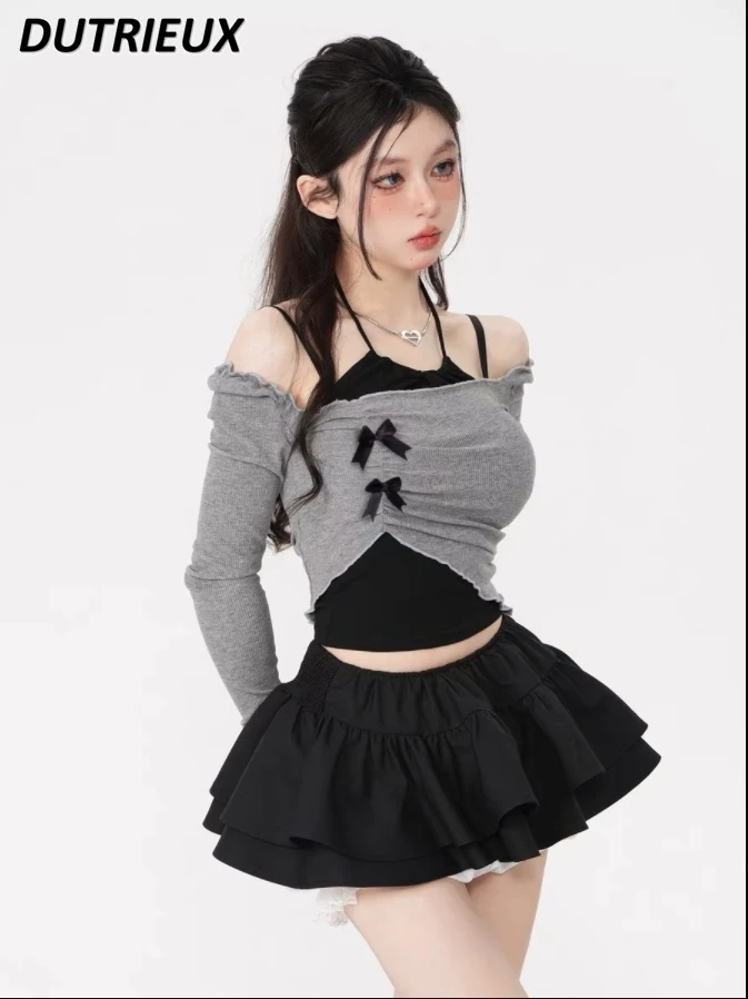Y2k Hot Girl Irregular T-shirt and Sling Top Slimming Suit Women's High Waist Short Culottes Three-Piece Suit Fashion Outfits