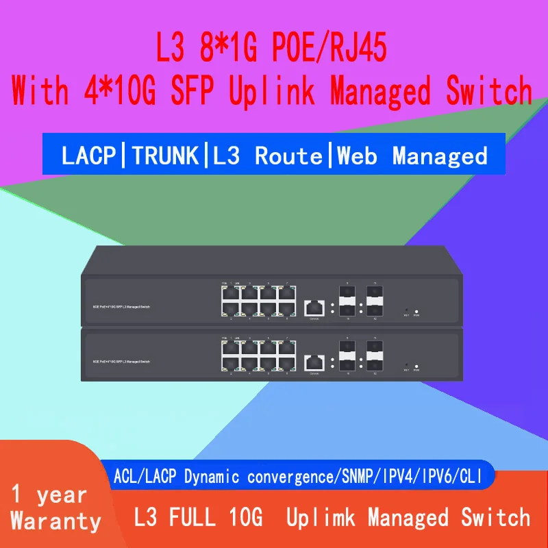 

8 Ports 1G PoE or RJ45 L3 Managed Switch With 4 Ports 10Gbe SFP Uplink | 8*10/100/1000M PoE Port+4*100/1000/10000M SFP