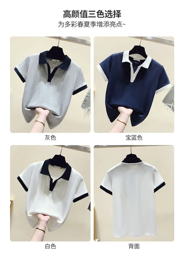 Summer New Pure Cotton Short Sleeved T-shirt for Women with Polo Collar Design Slim Fit and Versatile Short Top Clothes