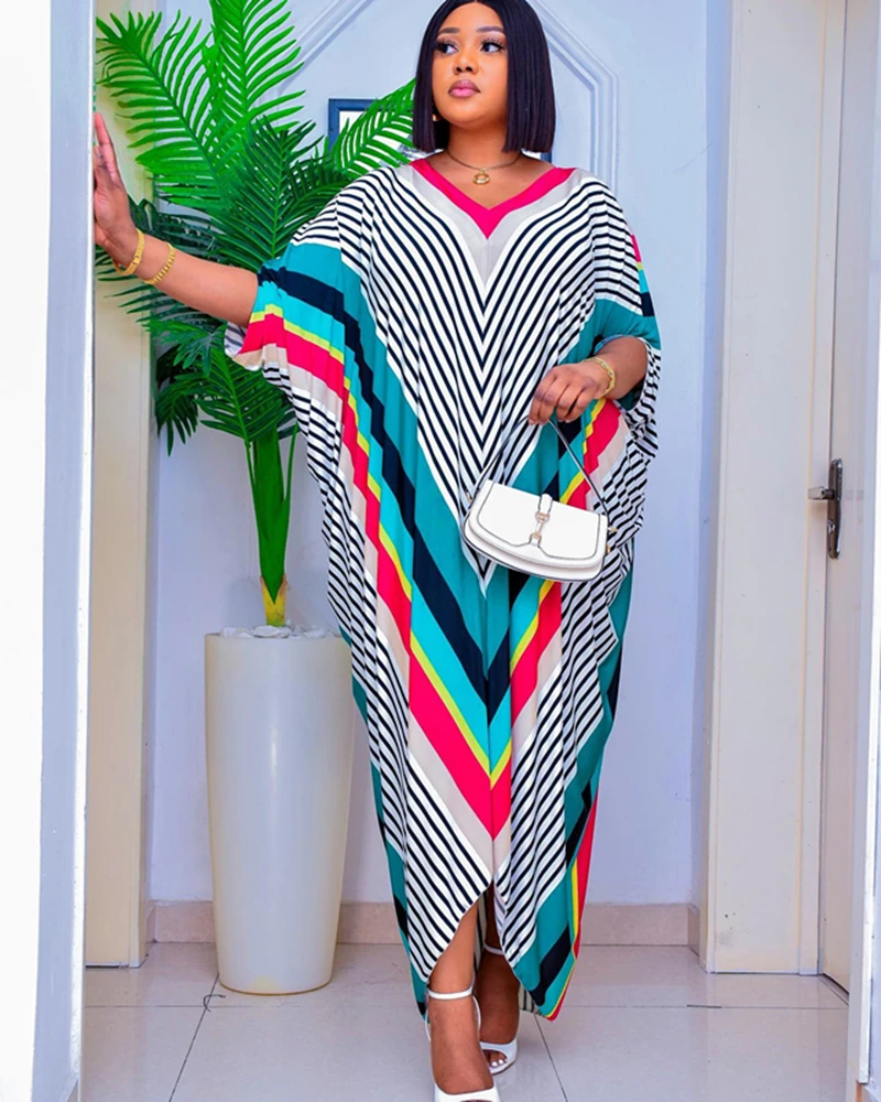 

Fashion Women Loose Kaftan Abaya Dresses Stripe Printing Free Size Casual Cover Up V-Neck Elegant Batwing Sleeve Long Dress