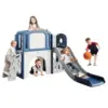 8-in-1 Toddler Play Tunnel & Slide Set – Blue, Single Box, Kids Indoor Outdoor Playground Climber with Basketball Hoop, Rocking