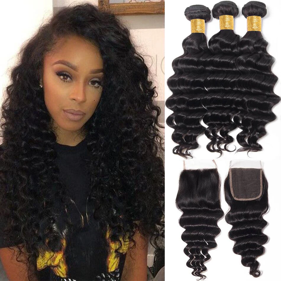 

Peruvian Loose Deep Wave Bundles With Closure 3 Bundles With 4x4 Closure Remy Human Hair Weave Bundles With Closure Tissage Wavy