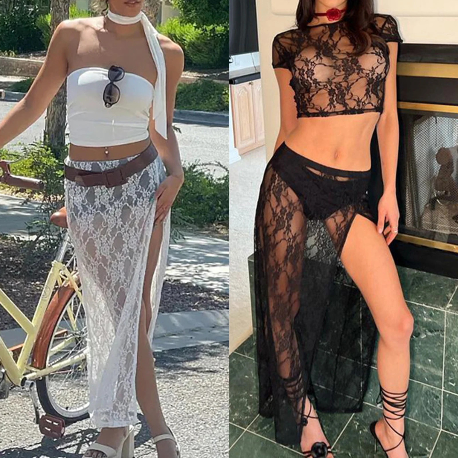 

Women 2 Piece Lace Skirt Set Navel Exposed Ladies Shirt Top Maxi Skirt Side Slit See Through Short Sleeve Vacation Suit