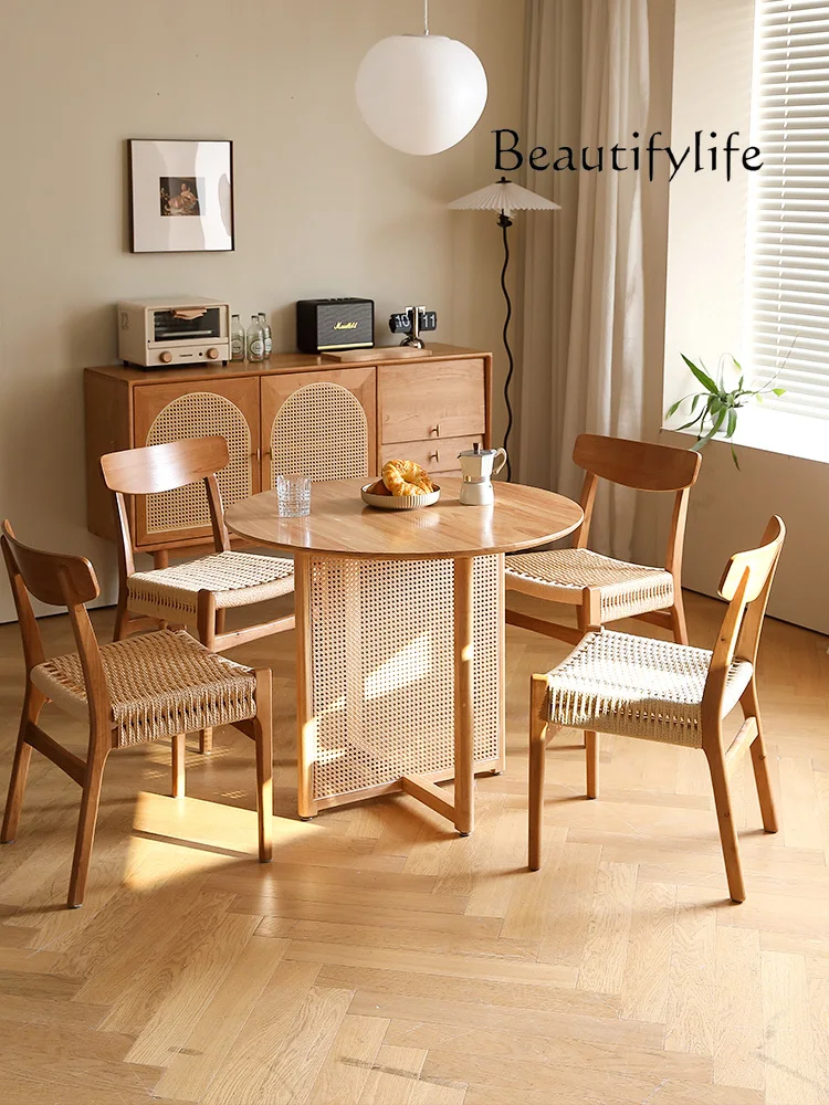 

Solid Wood Dining Table Rattan round Nordic round Chinese Log Coffee Shop Table and Chair Combination