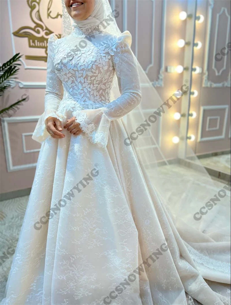 LaceHijabMuslimWeddingDressforBrideLongSleeveIslamicBridalGownsWomenHighNeck