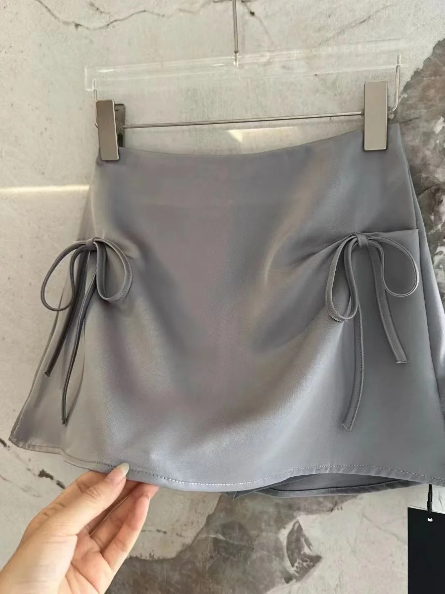 Bow Lace-up Satin Y2k Mini Skirts Women Pink Korean Style A-Line Skirts Summer 2026 High Waist Sexy Slim Sweet Short Skirts New