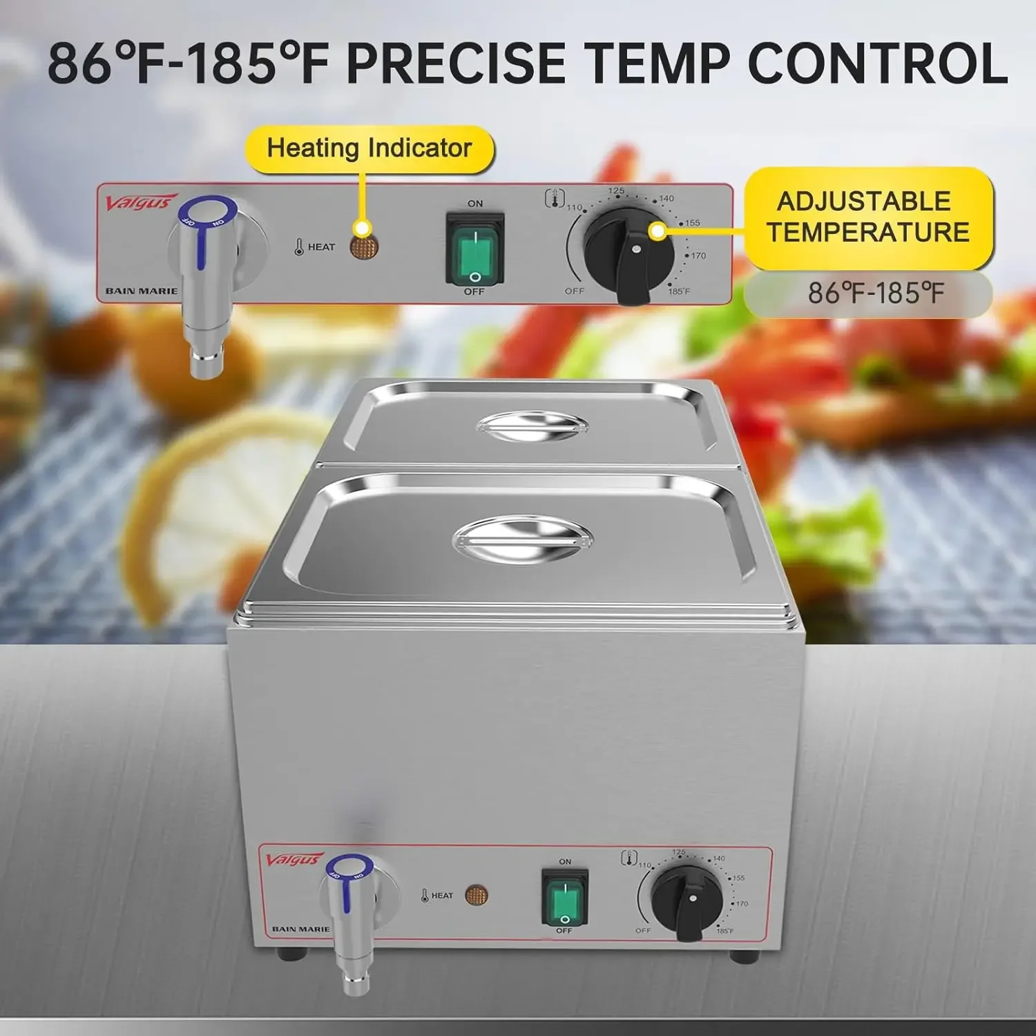 Commercial Grade Stainless Steel 2 Sections 19 Qt Bain Marie Buffet Food Warmer Steam Table with Temperature Control, Lid and Wa 4