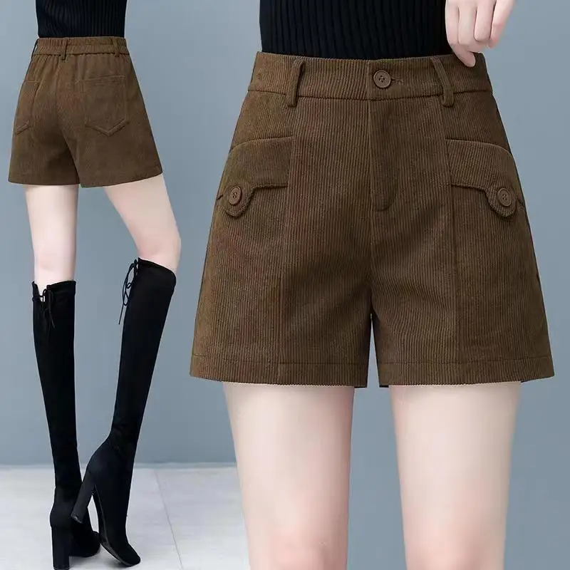 

Fashion Corduroy Shorts Women Pockets Autumn Winter New Loose Waist Wide Leg Vintage Fashion Ladies Leisure Short Pants S26