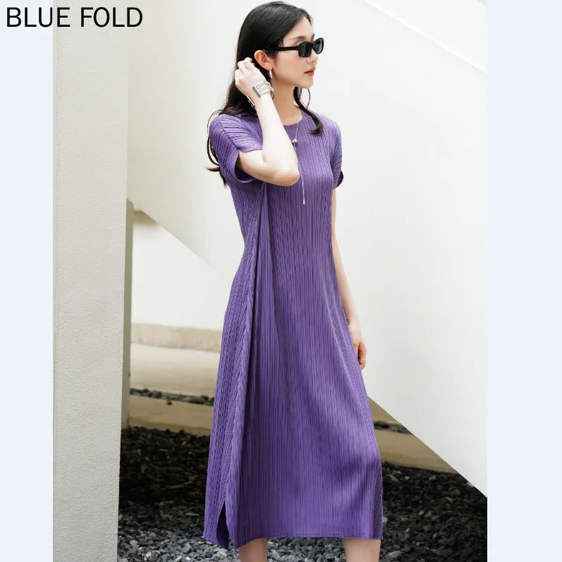 

2024 Summer Miyake High-end Pleated Casual Fashion Loose Short-sleeved Round Neck Casual Dress Elegant PLEATS Vestido Robe