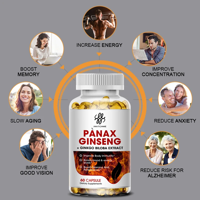 Red Panax Ginseng + Ginkgo Biloba + Ashwagandha for Energy Strength Focus Memory and Mental Performance 120PCS