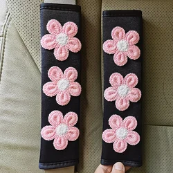 Set of 2 Ice Silk Pink Flower Seat Belt Covers with Cartoon Design - Small Flower Interior, Available in 7 Colors (2pcs pink 2)
