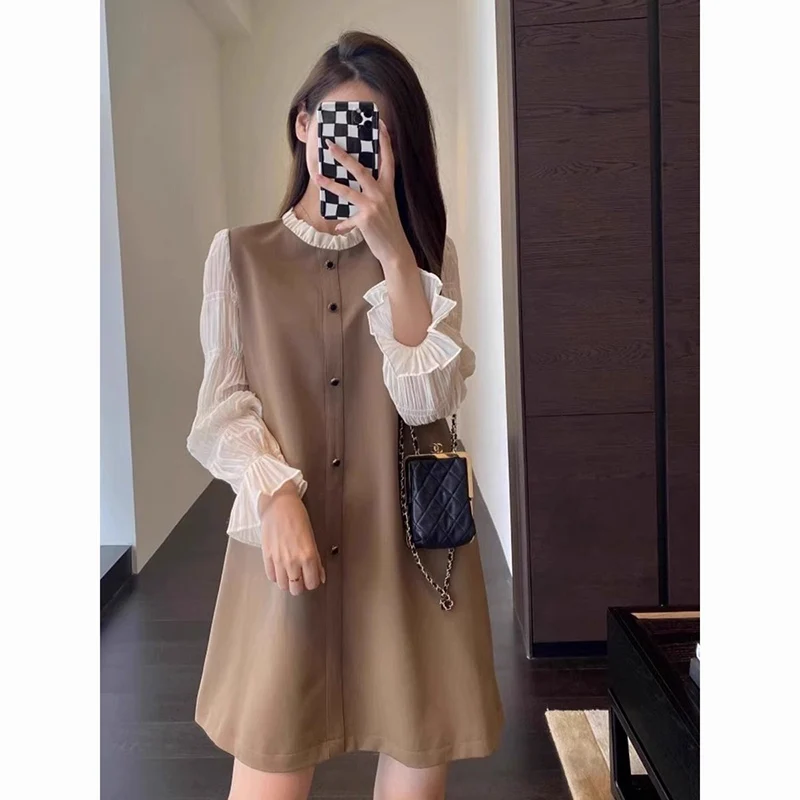 

Elegant Ruffled Neck Spliced Fake Two Pieces Mini Dress Women's Clothing 2023 Autumn Winter Loose Princess Sleeve Ladies Dresses